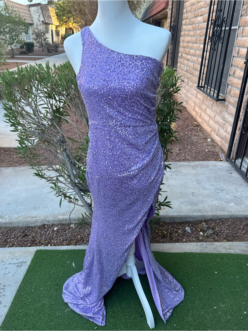 Strapless One-Shoulder Lavender Sequin Evening Gown